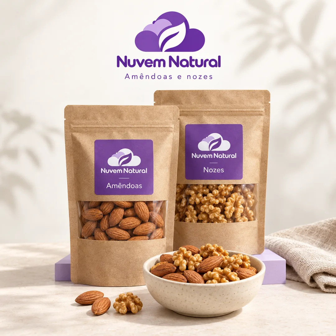 Dois saquinhos kraft da Nuvem Natural, um de amêndoas e outro de nozes, ao lado de uma tigela com as duas castanhas