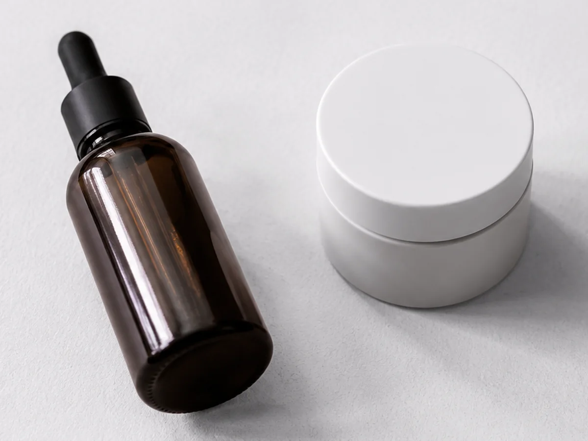 Frasco âmbar com conta-gotas ao lado de um pote de creme branco