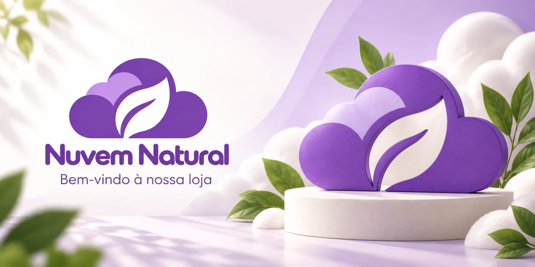 Logotipo da Nuvem Natural ao lado do símbolo da nuvem com folha em relevo, sobre fundo claro, com a frase Bem-vindo à nossa loja