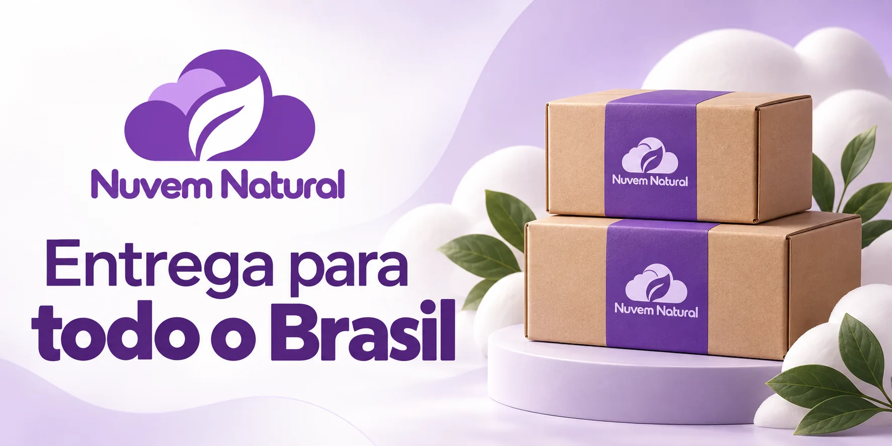 Caixas de papelão da Nuvem Natural lacradas com cinta roxa da marca, ao lado da frase Entrega para todo o Brasil