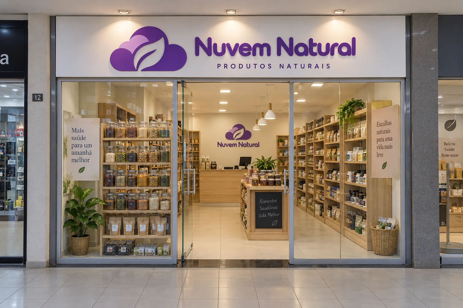 Fachada da loja Nuvem Natural com letreiro iluminado, vitrine de vidro e prateleiras de madeira com produtos naturais organizados