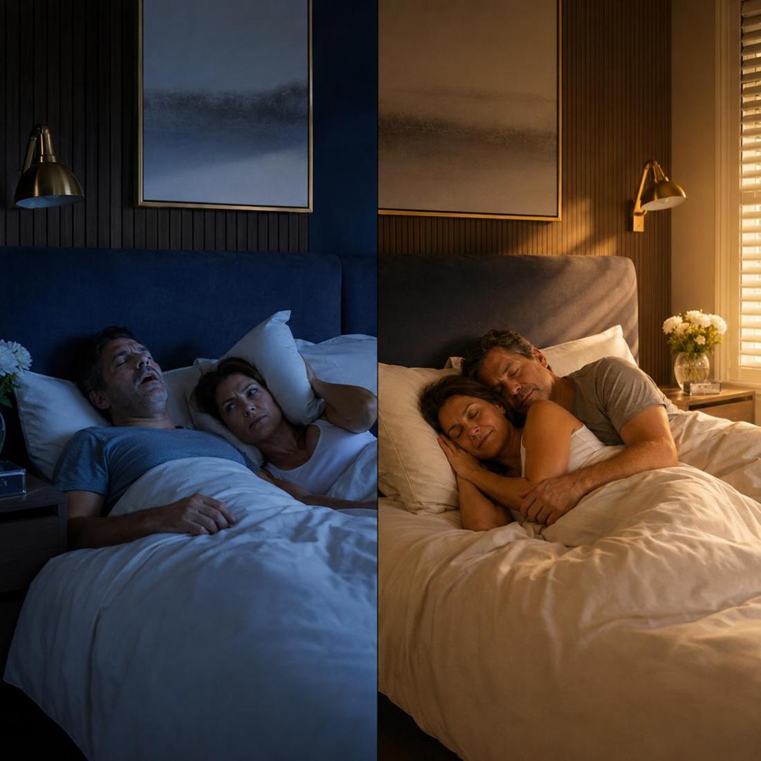 Comparação: à esquerda noite agitada com ronco; à direita casal dormindo tranquilo